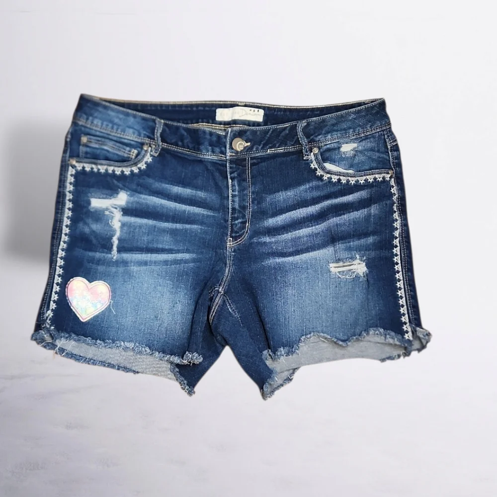 Women’s Dark Blue Distressed Jean Shorts with Heart Patch